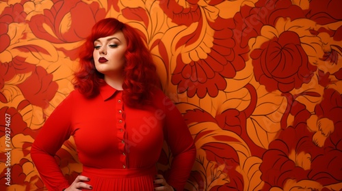 Curvy Woman with red hair and red clothes on an abstract orange and red background