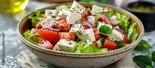 Greek lettuce salad with feta cheese served in a bowl. photo