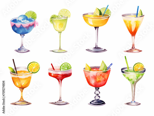 Watercolor summer beverages cocktails  with fruits and ice on white background