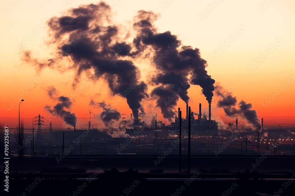 City at dawn with street and a active factory and smoke coming out of it