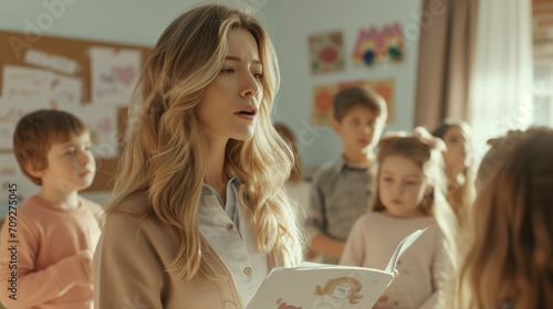 The young blond woman teacher is reading a book to children during a lesson at a childcare center or school.