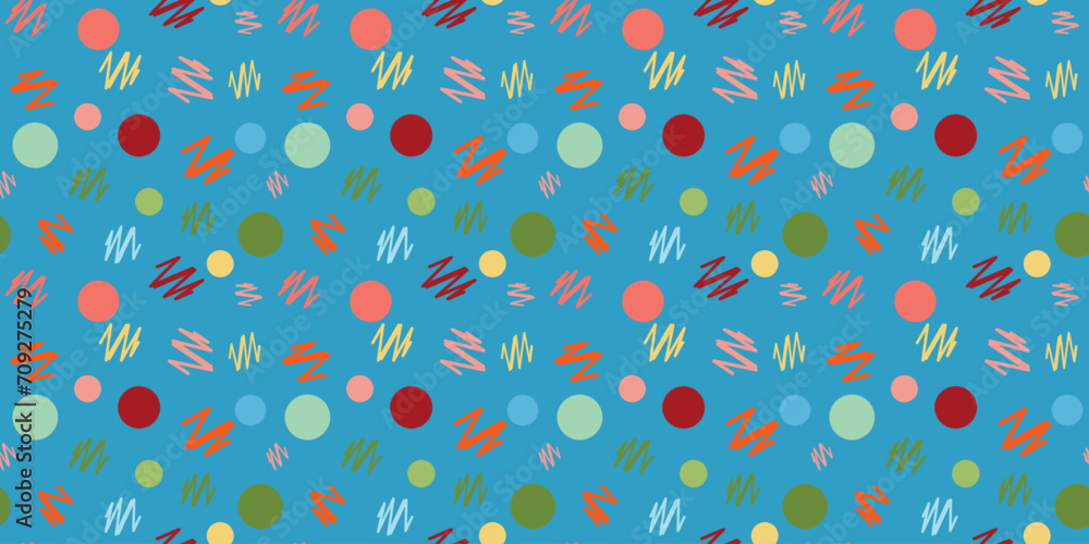 Seamless vector pattern abstract zig zag lines polka dots multicolored Children's fabrics Blue background Bed linen Wrapping paper Typography design Tablecloths Scrapbooking Cardmaking Repeating Seamless vector pattern abstract zig zag lines polka dots multicolored Children's fabrics Blue background Bed linen Wrapping paper Typography design Tablecloths Scrapbooking Cardmaking Repeating