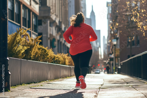 Full-figured young woman in sportswear going for a run outside along a sidewalk