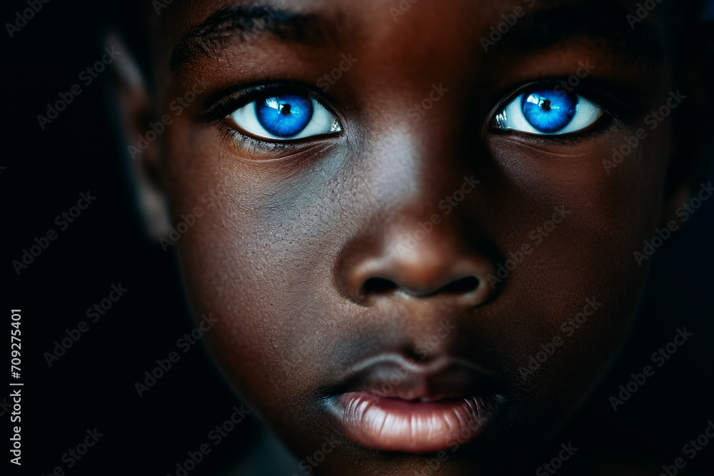 Portrait of a black boy with bright blue eyes Portrait of a black boy with bright blue eyes