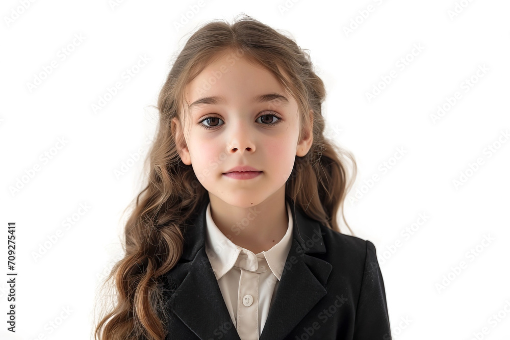 Portrait of a beautiful young girl in a dark suit, isolated on a white studio background Portrait of a beautiful young girl in a dark suit, isolated on a white studio background