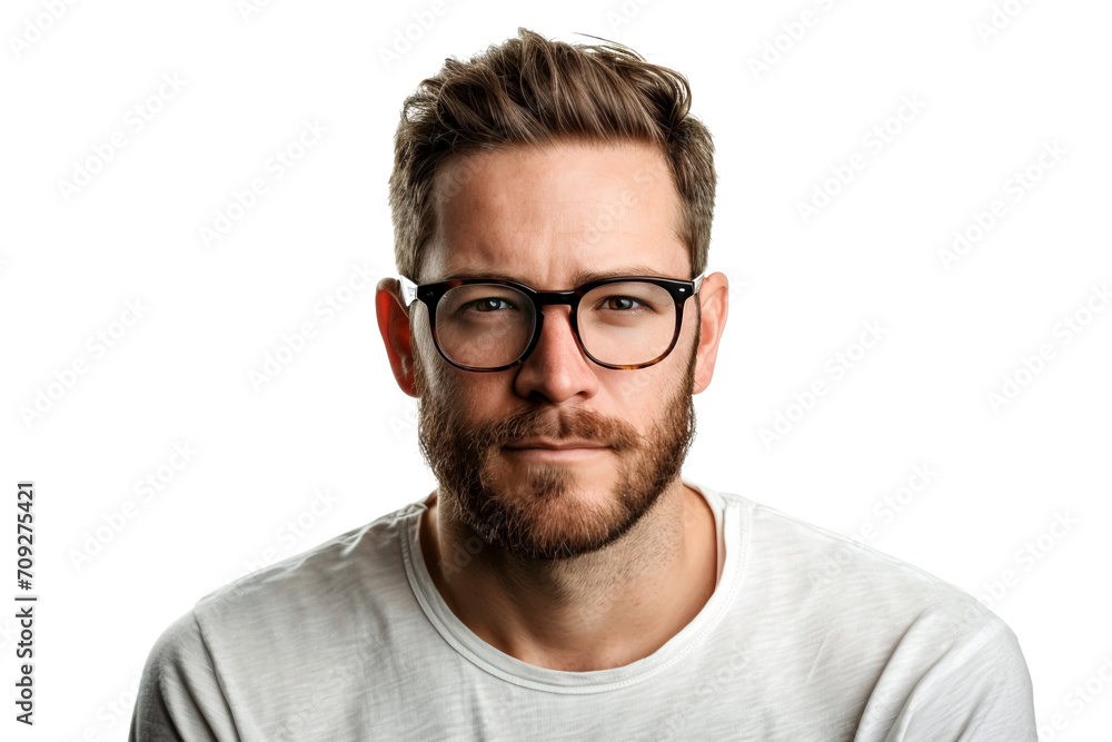 Portrait of a handsome white man with short hair and a well-groomed beard wearing glasses, isolated on a white studio background Portrait of a handsome white man with short hair and a well-groomed beard wearing glasses, isolated on a white studio background