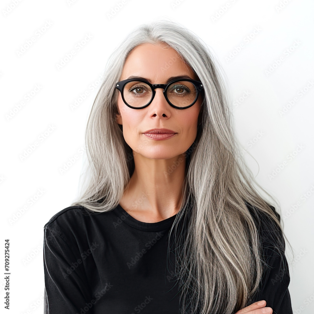 Obraz premium Portrait of beautiful white European woman with gray long hair and glasses, isolated on white background