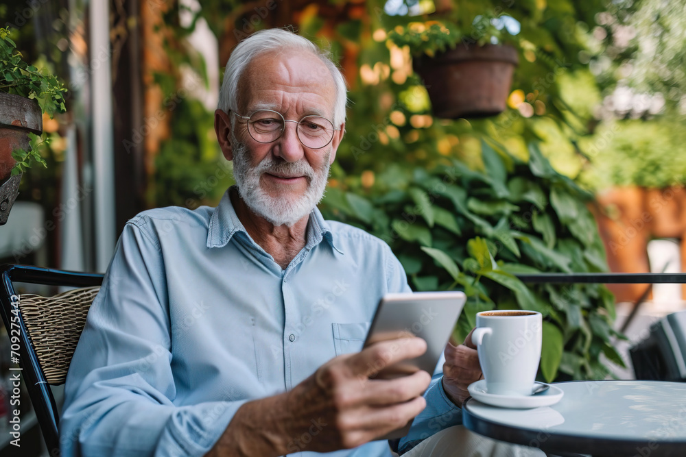 Portrait of handsome senior man sitting outdoors on terrace, drinking coffee and using digital tablet Portrait of handsome senior man sitting outdoors on terrace, drinking coffee and using digital tablet