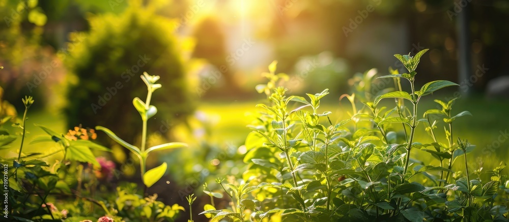 Obraz premium Sunlit garden with young plants.