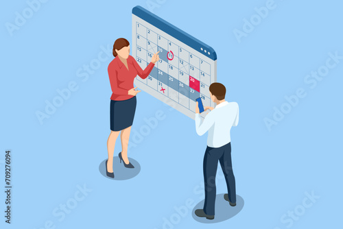 Isometric Reminder, Planning Day Scheduling Appointment in Calendar Application. Businessman Manages Time for effective Work