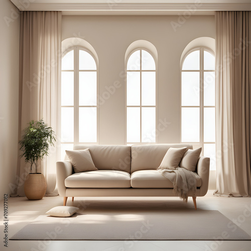 Beige sofa against grid window near stucco wall. Boho minimalist home interior design of modern living 