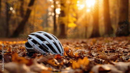 A bicycle helmet rests on the forest floor amidst fallen autumn leaves, with the warm, soft light of the setting sun filtering through the trees in the background