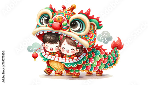 Watercolour cute chinese boy and girl in a dragon costume isolated on transparent background. Chinese New Year scene with a boy and a girl participating in a Dragon Dance.