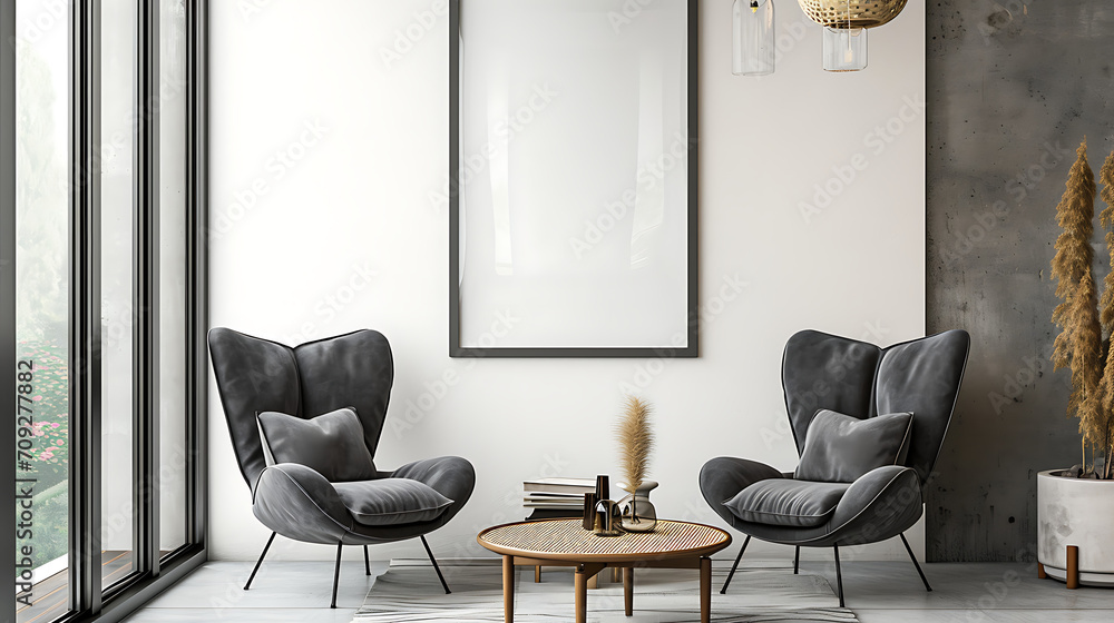 Two armchairs in room with white wall and big frame poster on it. Scandinavian style interior design of modern living room Two armchairs in room with white wall and big frame poster on it. Scandinavian style interior design of modern living room