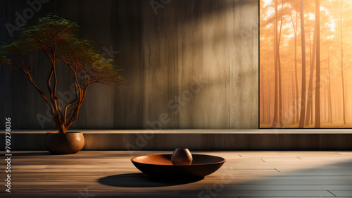 Tranquil Zen-Inspired Meditation Space with Autumnal Views, Minimalist Decor, and Natural Light - Home Serenity Design - AI Generated