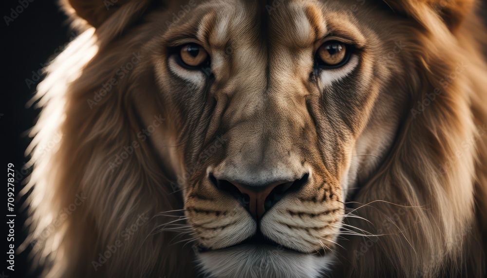 Majestic lion portrait in shadows