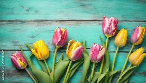 Colorful tulips on wooden background