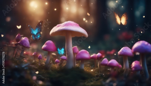 Enchanted forest mushrooms with magical butterflies