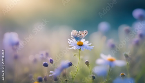 Butterfly on daisy in dreamy field