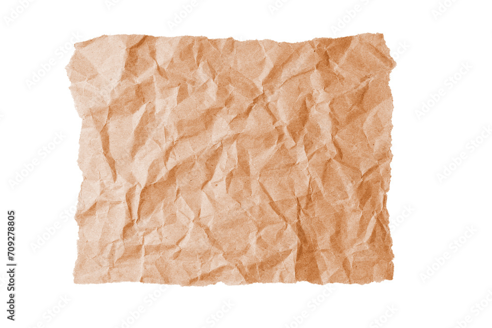 Orange crumpled rectangle sheet of paper with torn edge isolated on white, transparent background, PNG. Recycled craft paper wrinkled, creased texture, grunge border. Template, mockup, copy space