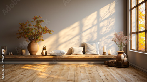 Tranquil Zen-Inspired Meditation Space with Autumnal Views, Minimalist Decor, and Natural Light - Home Serenity Design - AI Generated