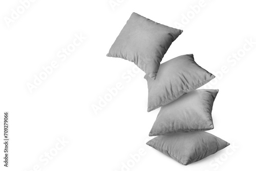 Stack of gray pillows isolated on white, transparent background, PNG. Pile of decorative cushions for sleeping and resting, home interior, house decor.