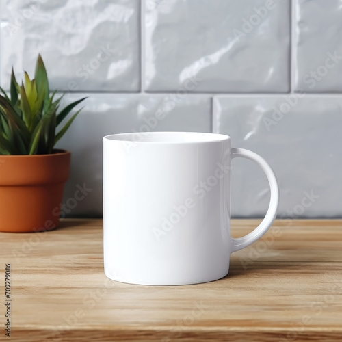 White coffee mug mockup. Ceramic mug. Blurred marble tiles background