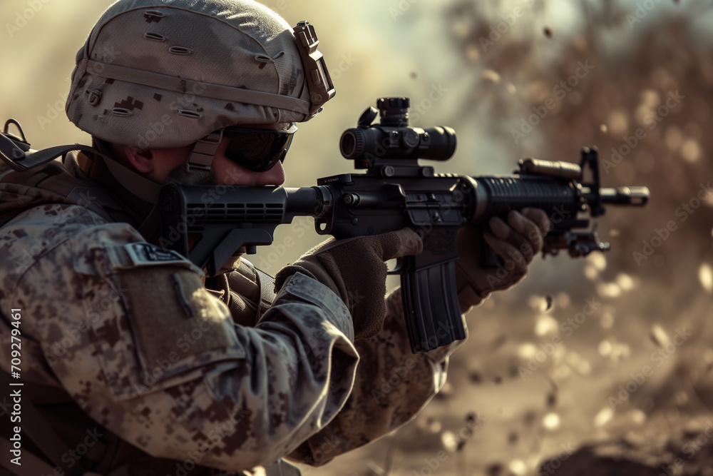 military man holding a rifle with his hands aimed military man holding a rifle with his hands aimed