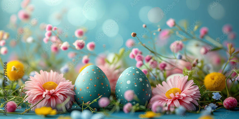 Happy easter. Bright natural floral blue sky background with Easter eggs, flowers, grass for holiday. Horizontal illustration for banner, poster or greeting card