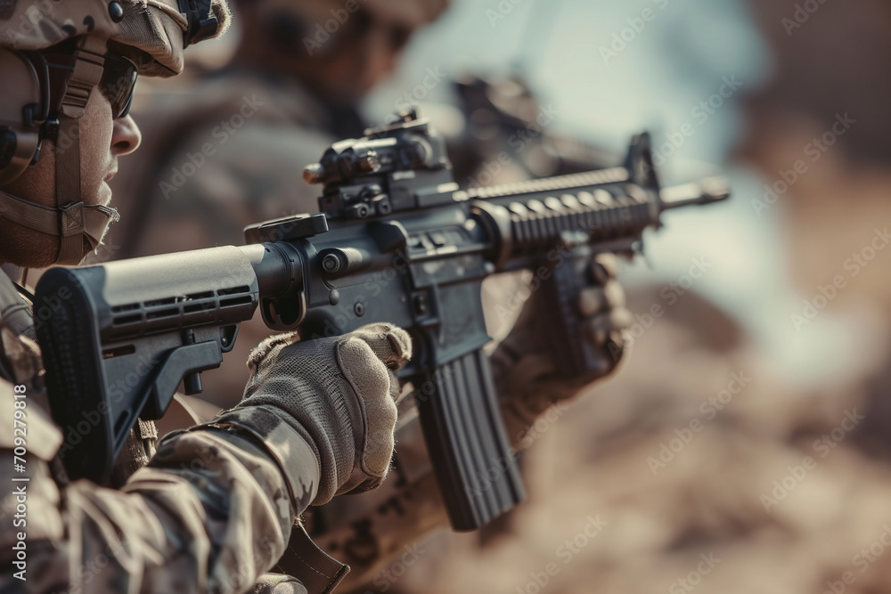 military man holding a rifle with his hands aimed military man holding a rifle with his hands aimed