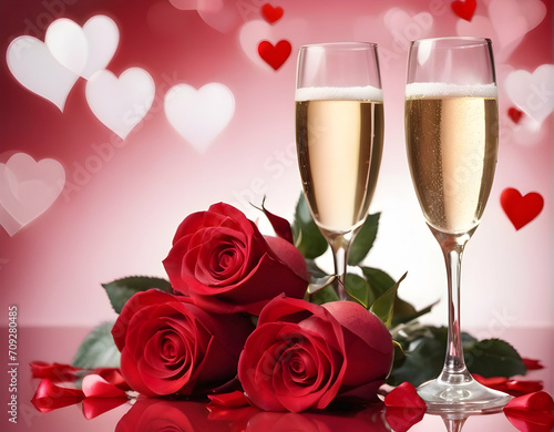 valentine's day background with copy space, two glasses of champagne and red roses
