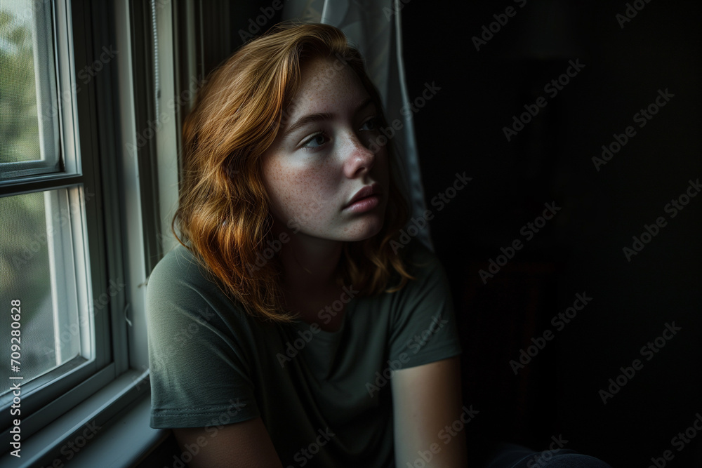 young woman sits at a window