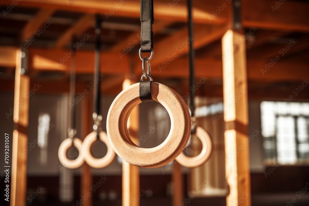 Close-up of wooden gymnastic rings hanging in a sunlit training gym.