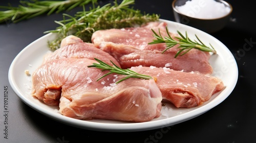 Raw pork chops with rosemary and salt on a black background