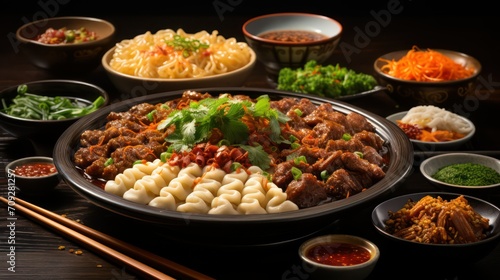 Rice noodles with beef, vegetables and chopsticks on wooden table