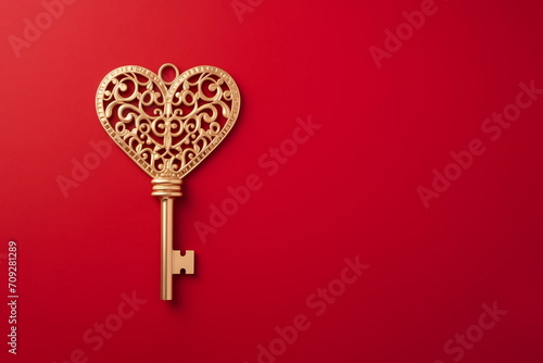 Golden heart key isolated on red background. Love and understanding concept. Copy space.