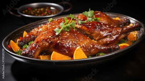 Roast duck in teriyaki sauce with orange and parsley