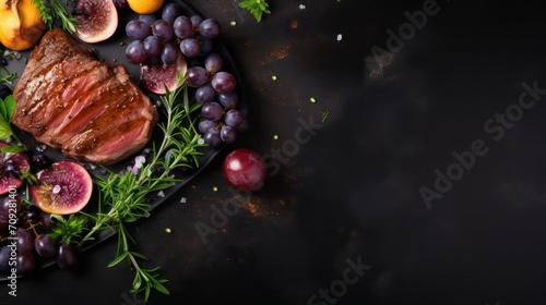 Steak with rosemary and berries on dark background. Top view