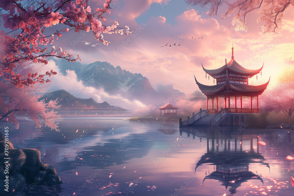 beautiful sunrise over the water of a japanese temple - obrazy, fototapety, plakaty 