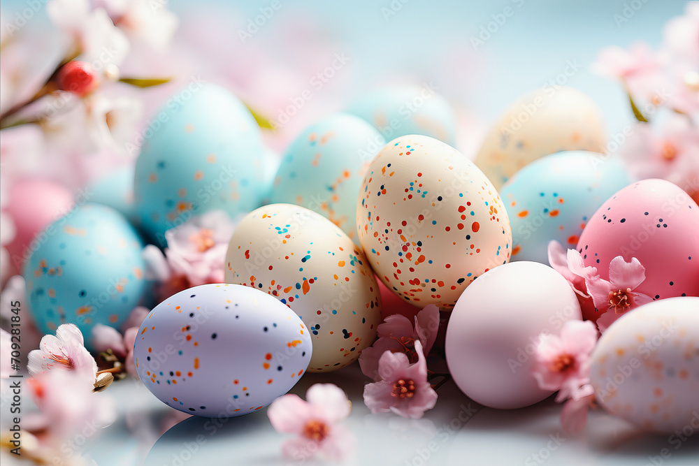 Happy Easter. Composition with beautiful Easter eggs. Stylish, delicate Easter template. Easter holiday concept.