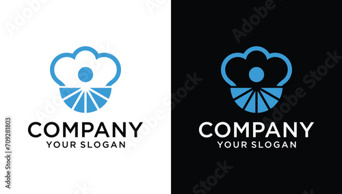 Chef logo sign vector outline, linear style pictogram isolated on blue