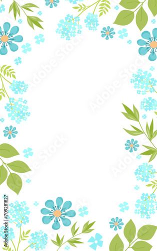 Blue and green floral border design with leaves and flowers. Spring or summer...