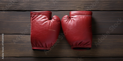Closeup shot of red boxing gloves placed on dark wooden surface. pair of red boxing gloves on black. © Fatima