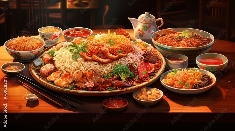 Chinese noodle set with vegetables and seafood on wooden table in restaurant Chinese noodle set with vegetables and seafood on wooden table in restaurant