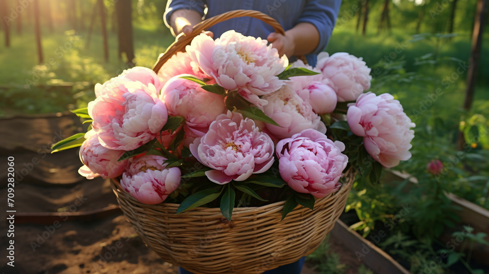 Obraz premium Wooden basket with hyper realistic beautiful king size pink blossoming peony flowers in the hands of a farmer created with Generative Ai