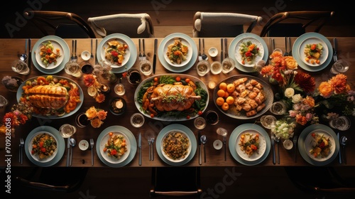 Dinner table with turkey and other traditional dishes. Top view photo