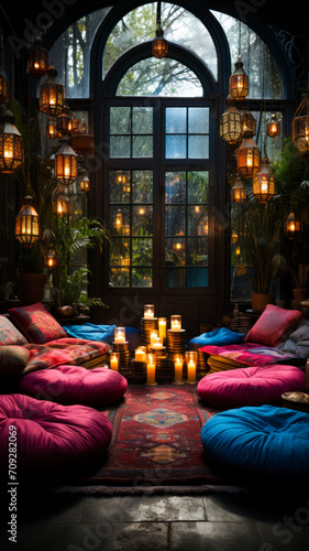 Tranquil Zen-Inspired Meditation Space with Autumnal Views, Minimalist Decor, and Natural Light - Home Serenity Design - AI Generated