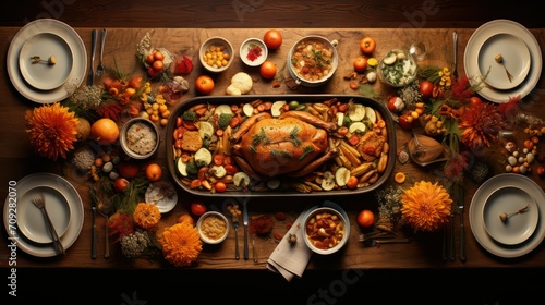 Dinner with turkey, roasted vegetables and fruits on wooden table