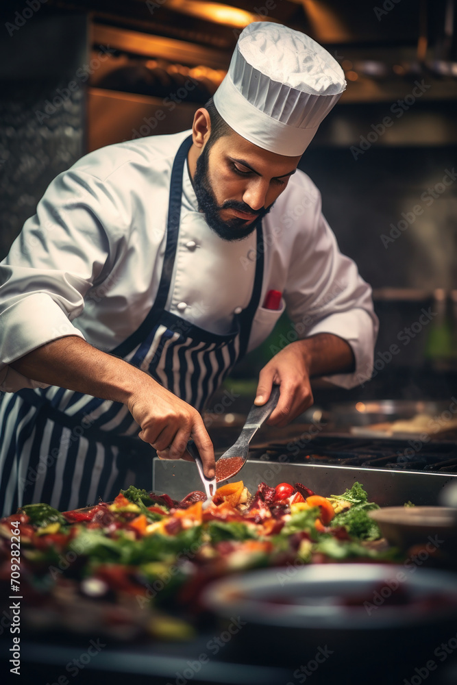 A professional chef in uniform garnishing a gourmet salad in a restaurant kitchen.