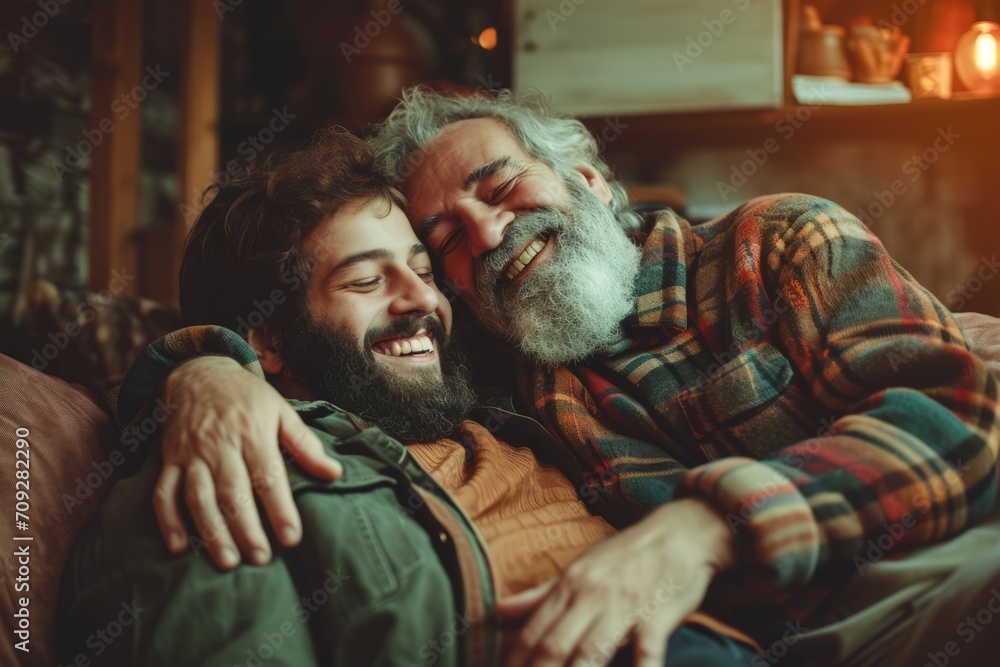 An adult son with a beard joyfully hugs his elderly father at home, both smiling and enjoying a relaxed, loving moment together on Father's Day.